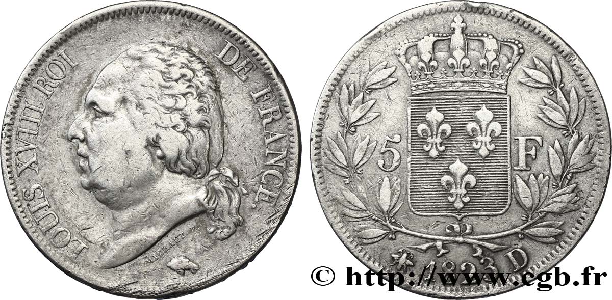 5 francs Louis XVIII, tête nue 1823 Lyon F.309/79 TB30 
