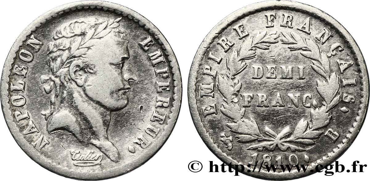 Demi-franc Napoléon Ier tête laurée, Empire français 1810 Rouen F.178/11 TB30 