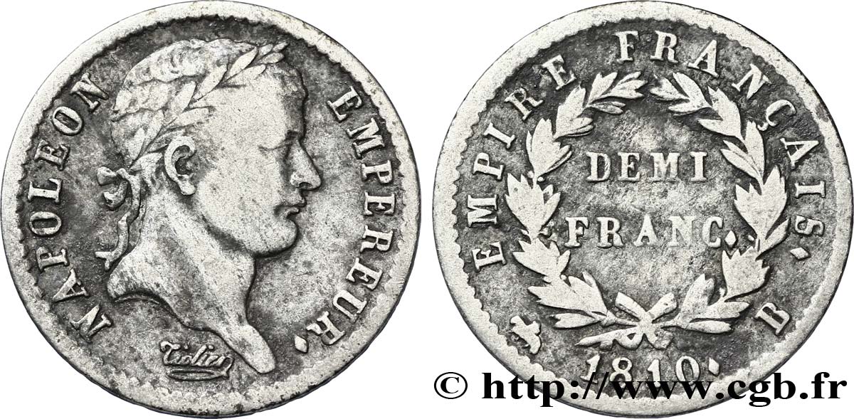 Demi-franc Napoléon Ier tête laurée, Empire français 1810 Rouen F.178/11 TB25 