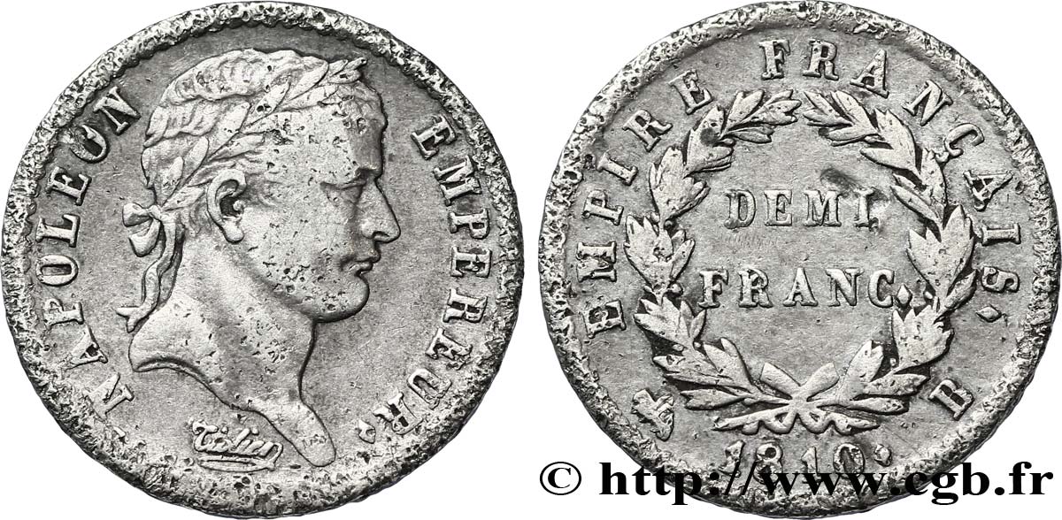 Demi-franc Napoléon Ier tête laurée, Empire français 1810 Rouen F.178/11 VF35 