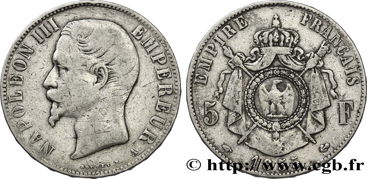 5 francs Napoléon III, tête nue 1855 Paris F.330/3 VF25 