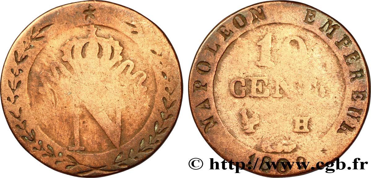 Faux de 10 cent. à l&nbsp;N couronnée 1809 La Rochelle F.130/13 var. RC8 