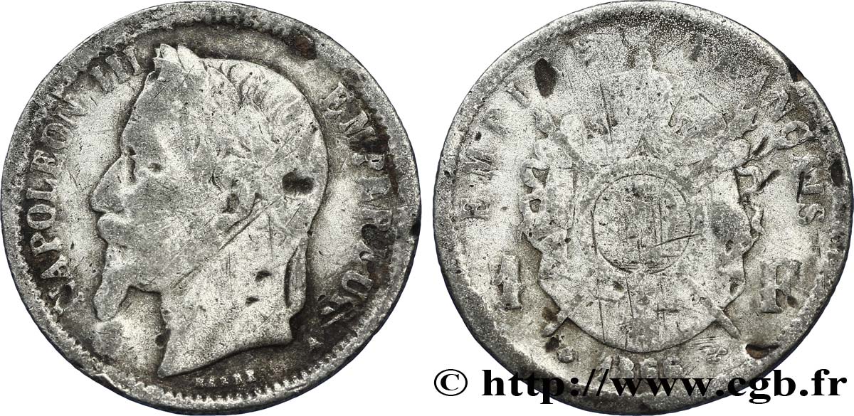 Faux de 1 franc Napoléon III, tête laurée 1866 Paris F.215/3 var. VF30 