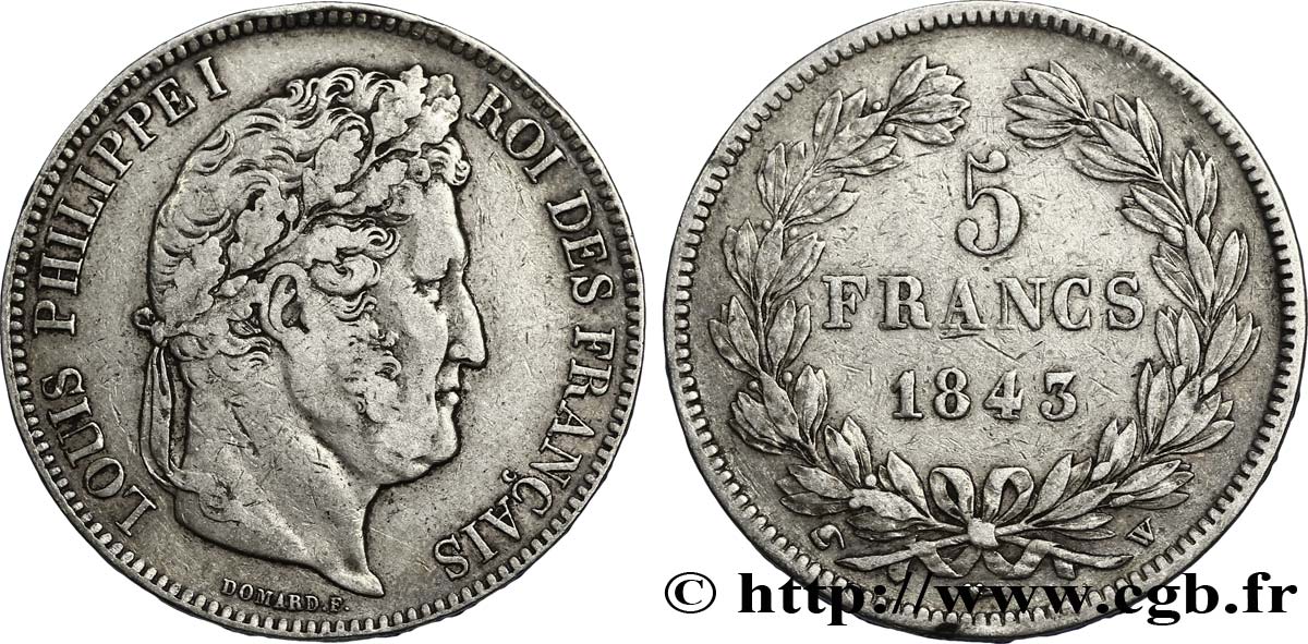 5 francs IIe type Domard 1843 Lille F.324/104 VF30 