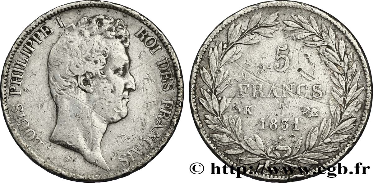 5 francs type Tiolier avec le I, tranche en creux 1831 Bordeaux F.315/20 BC30 