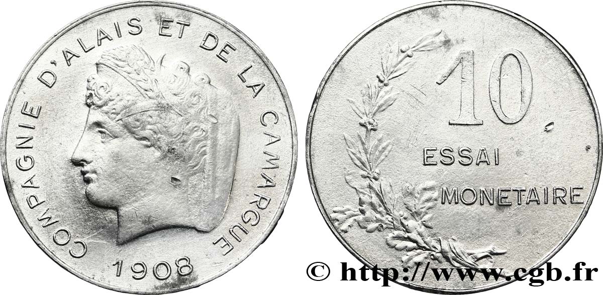 Essai en aluminium de 10 centimes, Compagnie d’Alais et de la Camargue 1908  GEM.268 2 EBC60 