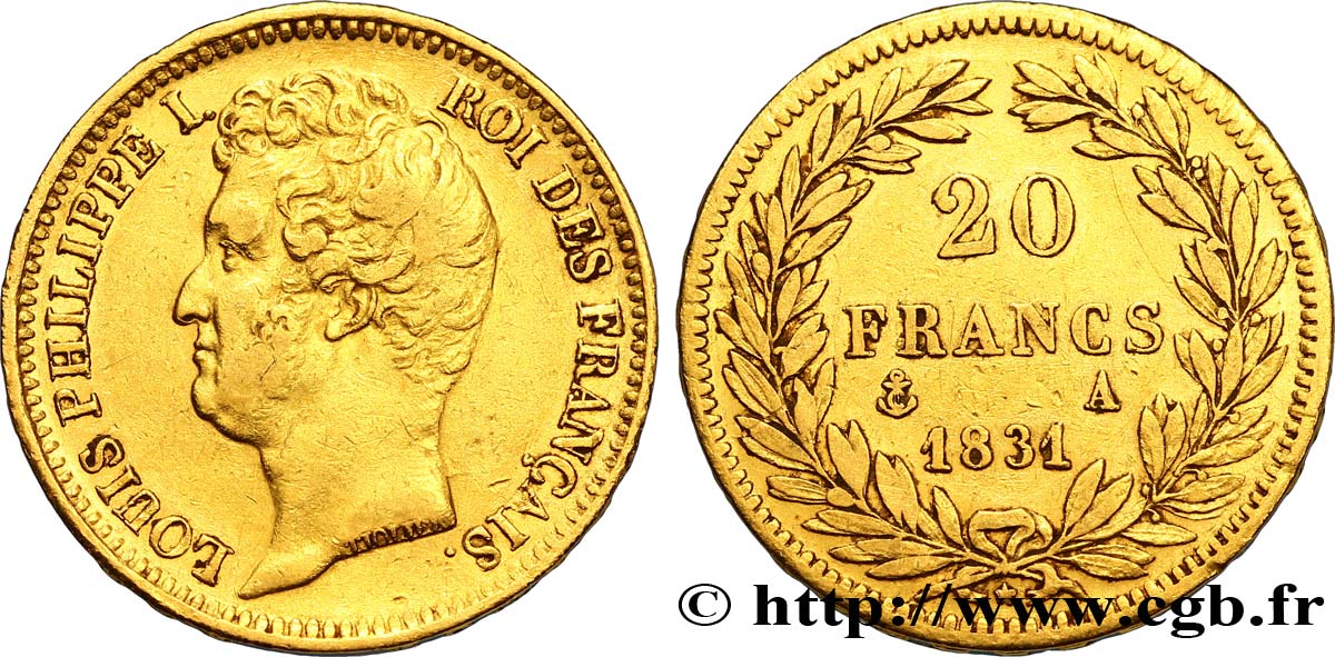 20 francs or Louis-Philippe, Tiolier, tranche inscrite en relief 1831 Paris F.525/2 XF45 