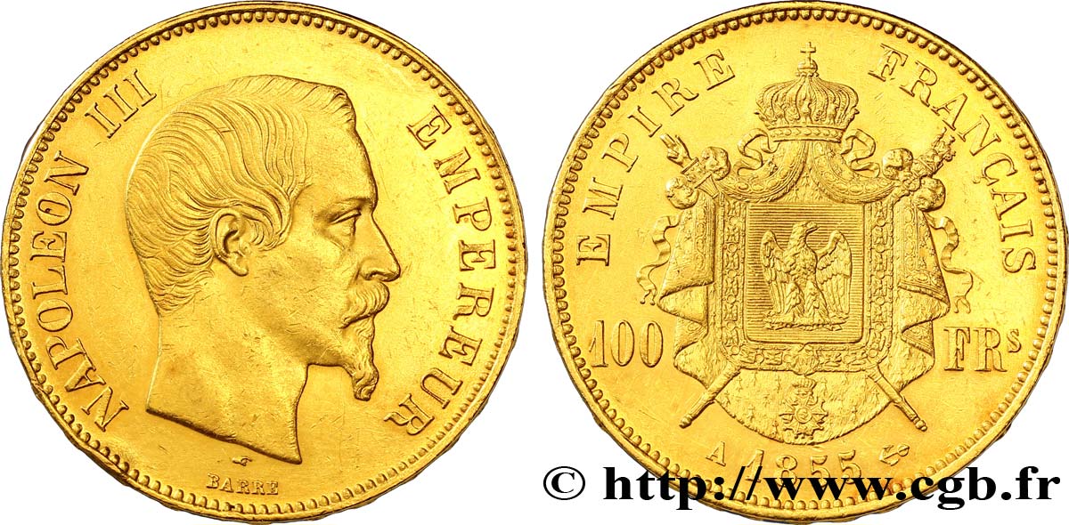 100 francs or Napoléon III, tête nue 1855 Paris F.550/1 MBC45 