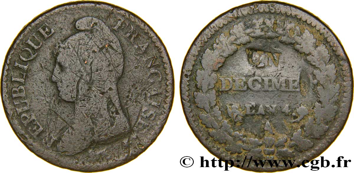 Un décime Dupré, modification du 2 décimes 1796 Paris F.127/1 B10 