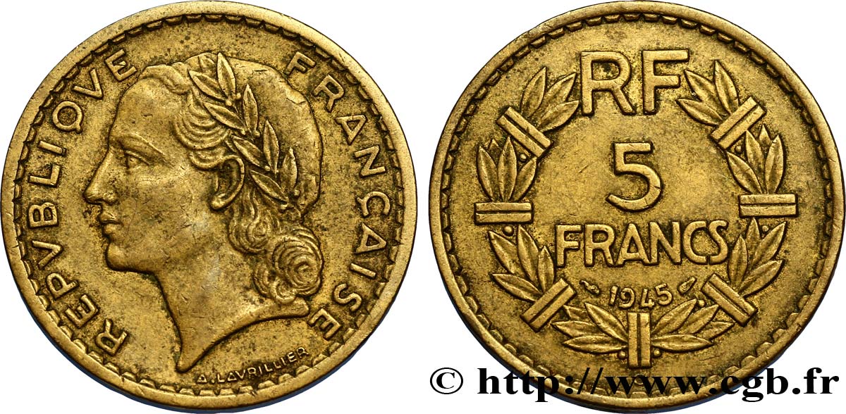 5 francs Lavrillier, bronze-aluminium 1945 Castelsarrasin F.337/6 MBC45 