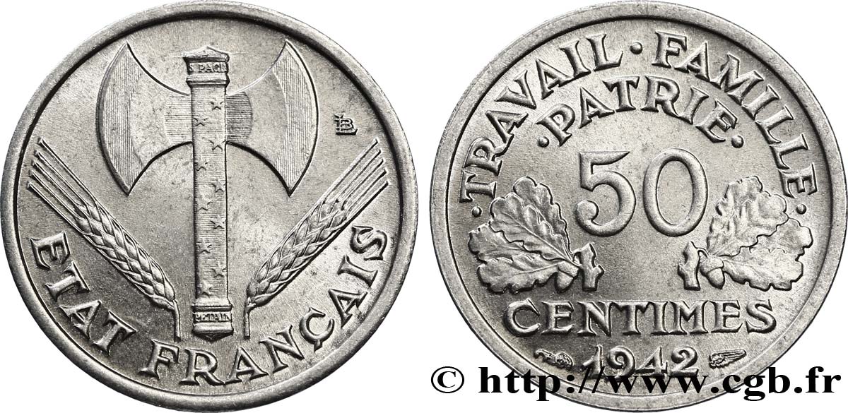 50 centimes Francisque, lourde 1942  F.195/3 SPL63 