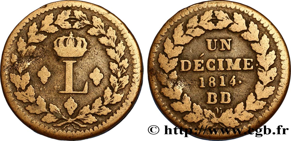 Un décime à l’L couronnée 1814 Strasbourg F.132/1 TB20 
