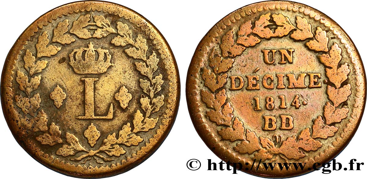 Un décime à l’L couronnée 1814 Strasbourg F.132/1 TB20 