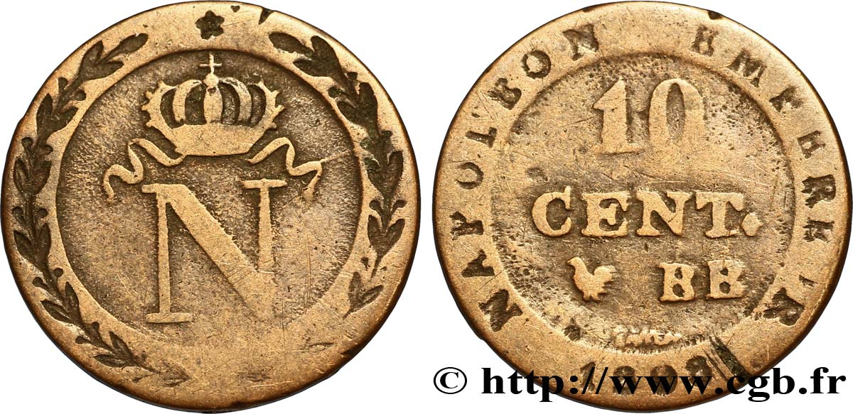 Faux de 10 cent. à l&nbsp;N couronnée 1808 Strasbourg F.130/4 var. TB30 