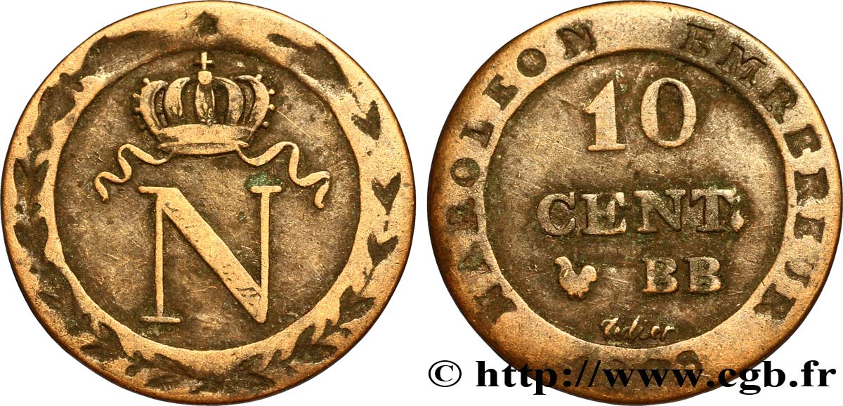 Faux de 10 cent. à l N couronnée 1808 Strasbourg F.130/4 var. TB30 
