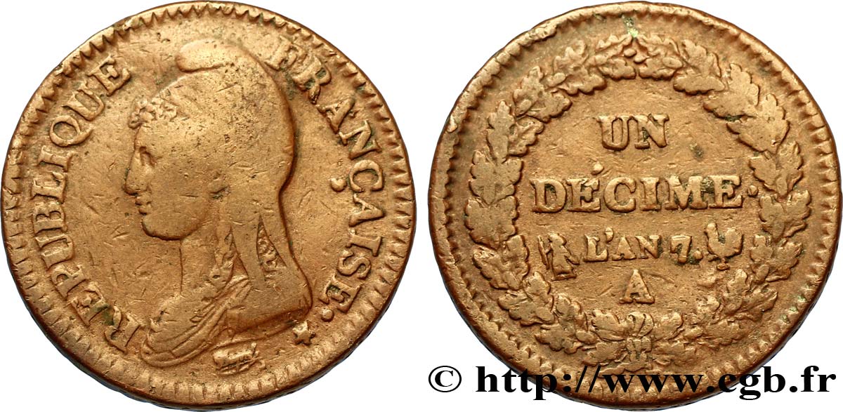 Un décime Dupré, grand module 1799 Paris F.129/22 VF35 