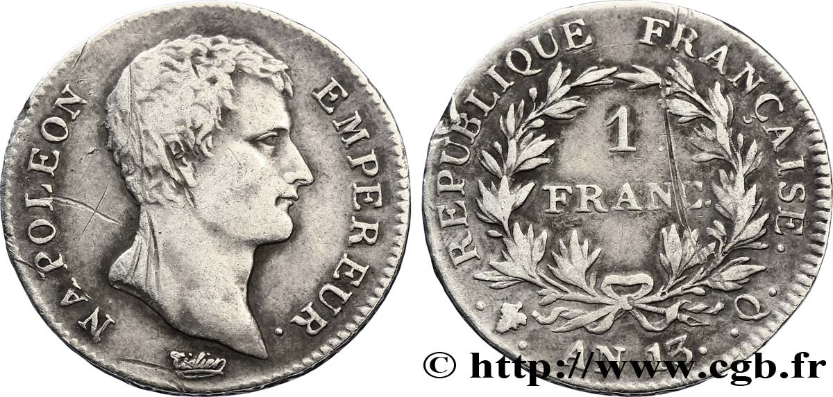 1 franc Napoléon Empereur, Calendrier révolutionnaire 1805 Perpignan F.201/25 TB30 