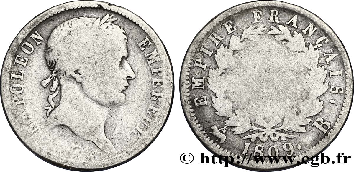 2 francs Napoléon Ier tête laurée, Empire français 1809 Rouen F.255/2 VG8 