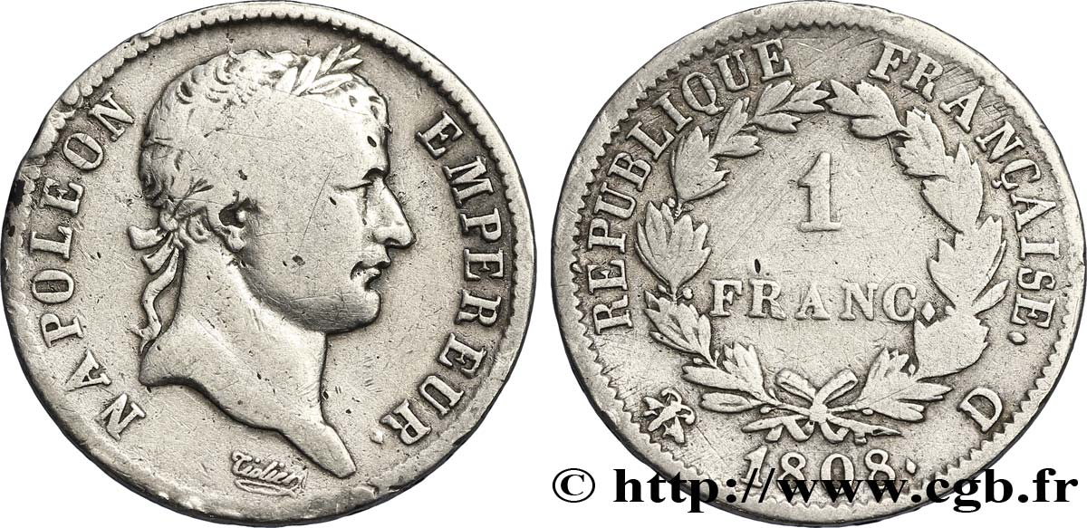 1 franc Napoléon Ier tête laurée, République française 1808 Lyon F.204/5 MB20 
