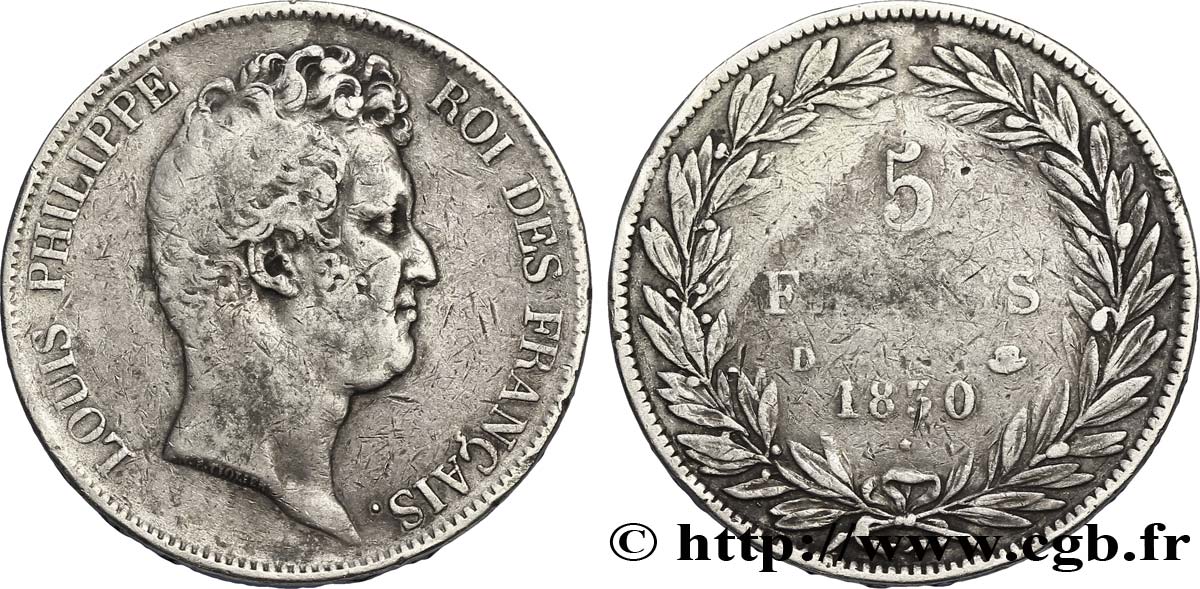 5 francs type Tiolier sans le I, tranche en creux 1830 Lyon F.313/3 BC18 