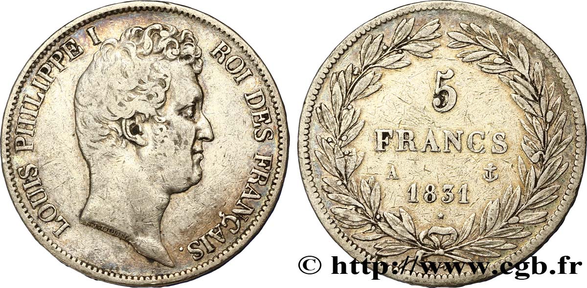 5 francs type Tiolier avec le I, tranche en relief 1831 Paris F.316/2 VF30 