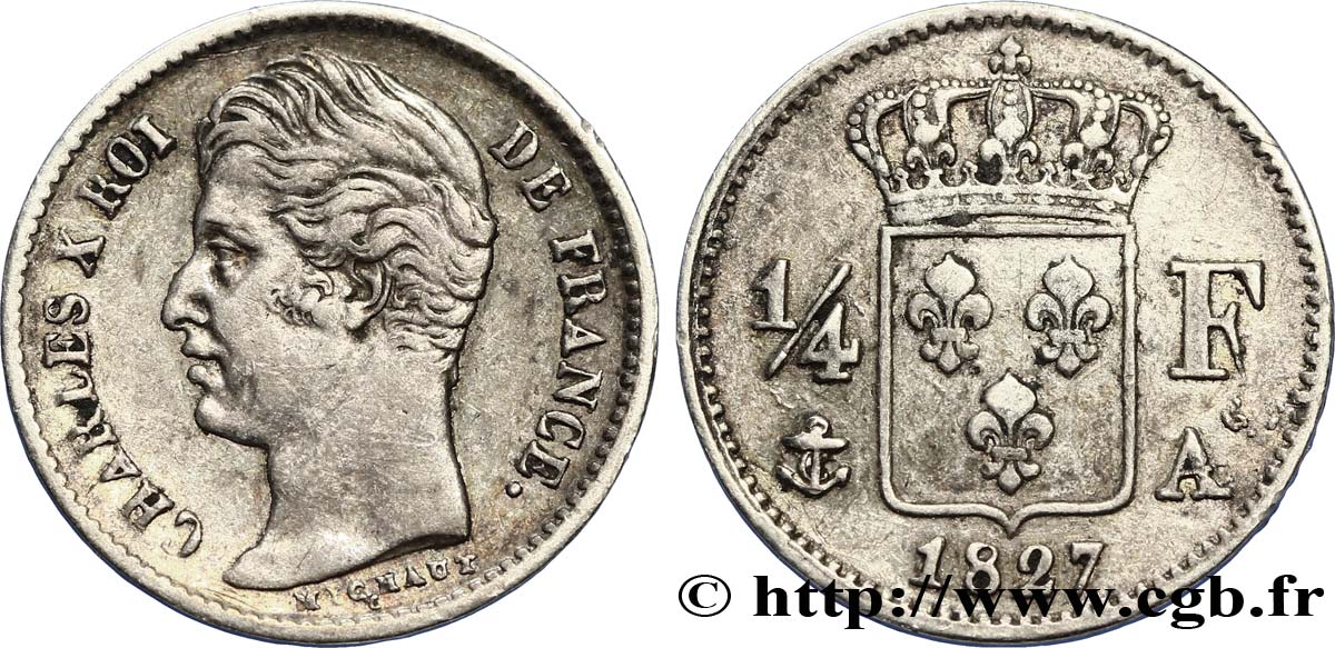 1/4 franc Charles X 1827 Paris F.164/10 TTB48 