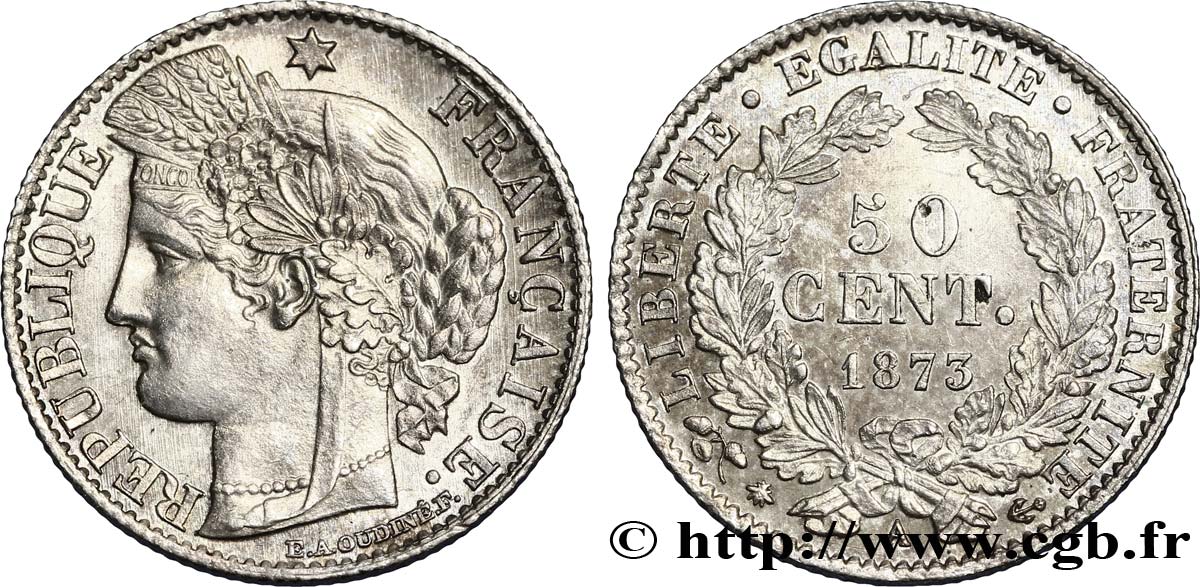 50 centimes Cérès, Troisième République 1873 Paris F.189/5 MS63 