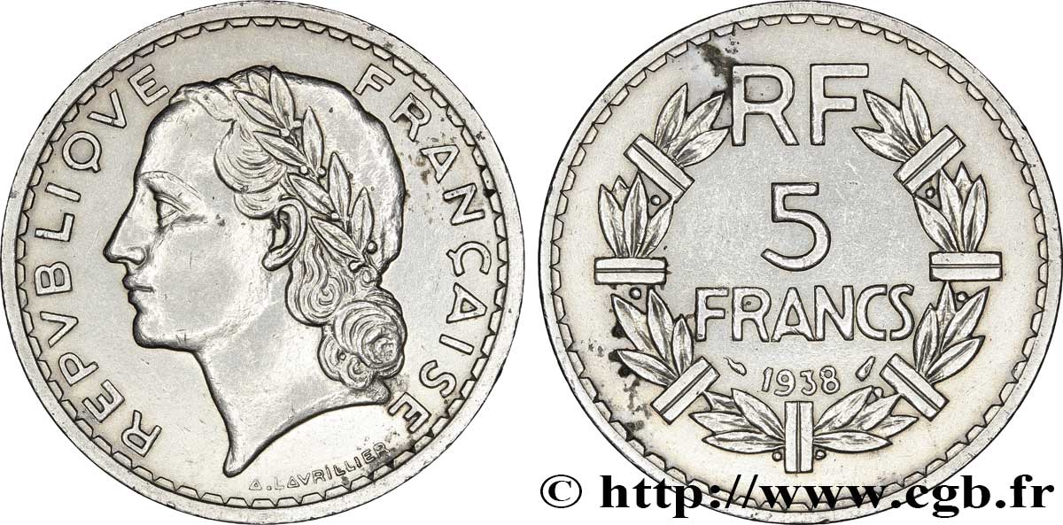 5 francs Lavrillier, nickel 1938  F.336/7 TTB+ 