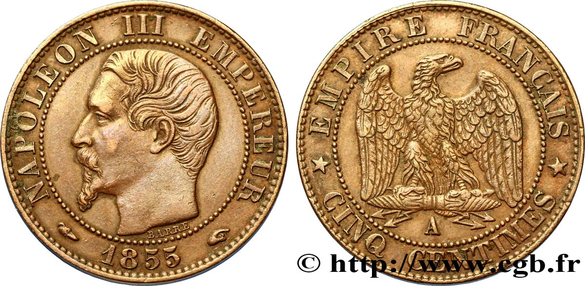 Cinq centimes Napoléon III, tête nue 1855 Paris F.116/16 TTB54 