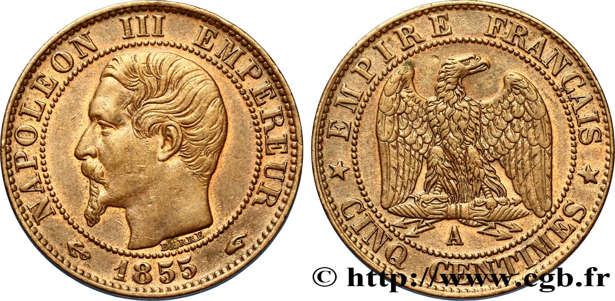 Cinq centimes Napoléon III, tête nue 1855 Paris F.116/17 AU54 