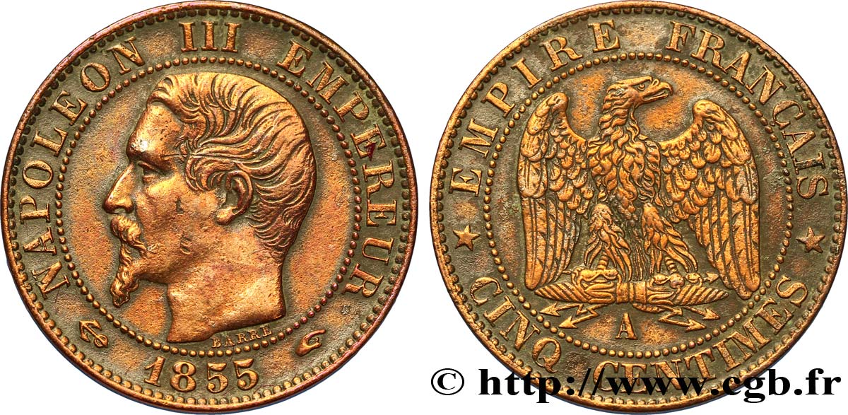 Cinq centimes Napoléon III, tête nue 1855 Paris F.116/17 TTB+ 