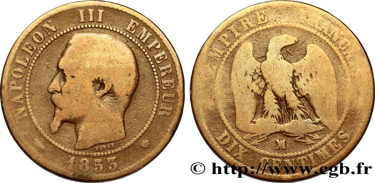 Dix centimes Napoléon III, tête nue 1853 Marseille F.133/8 B8 