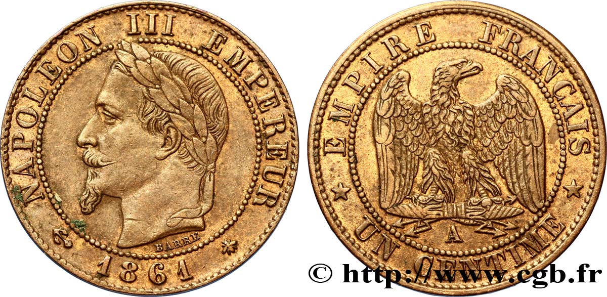 Un centime Napoléon III, tête laurée 1861 Paris F.103/1 SUP58 