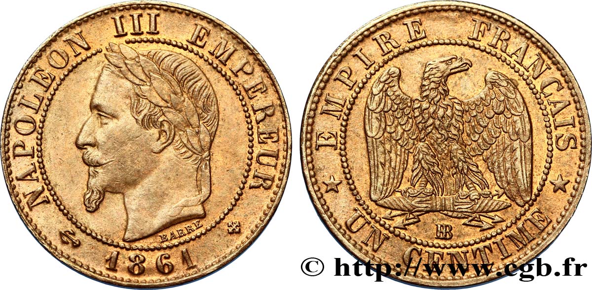 Un centime Napoléon III, tête laurée 1861 Strasbourg F.103/2 SUP58 