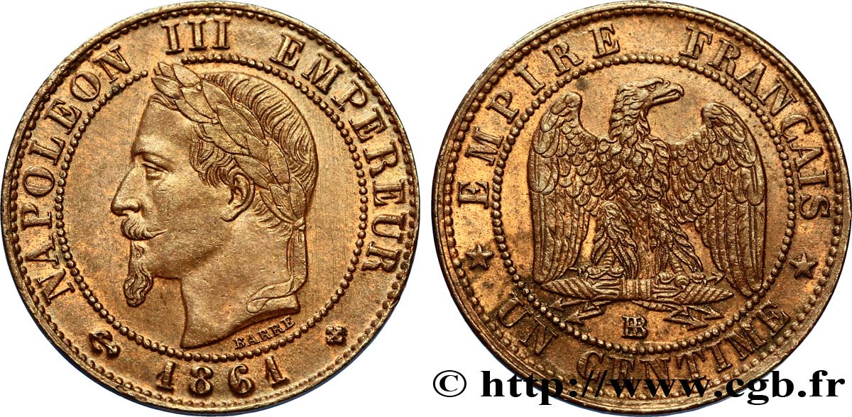 Un centime Napoléon III, tête laurée 1861 Strasbourg F.103/2 SUP58 