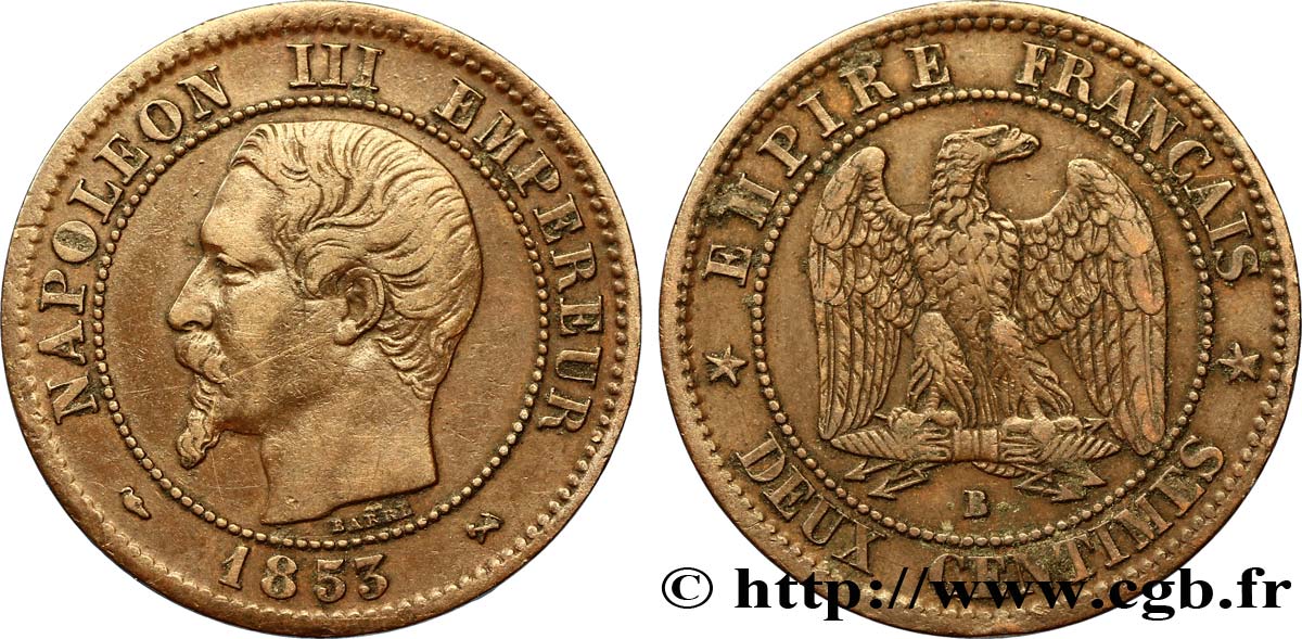 Deux centimes Napoléon III, tête nue 1853 Rouen F.107/2 BB40 