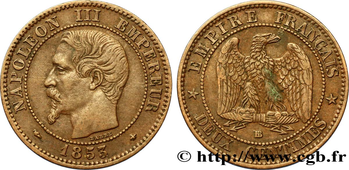 Deux centimes Napoléon III, tête nue 1853 Strasbourg F.107/3 MBC48 