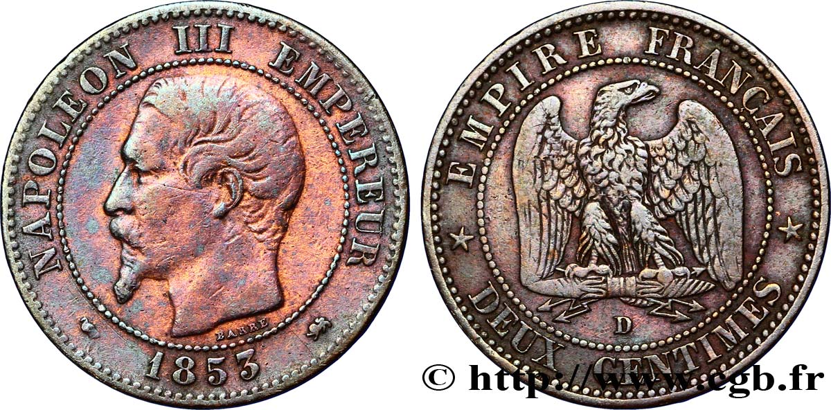Deux centimes Napoléon III, tête nue 1853 Lyon F.107/5 VF35 