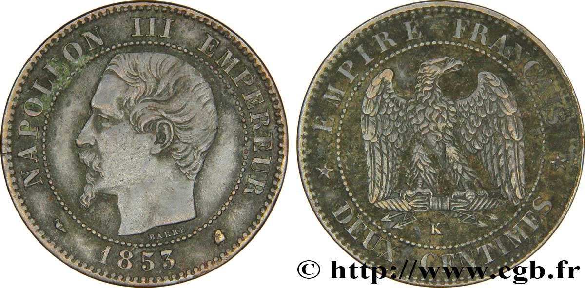 Deux centimes Napoléon III, tête nue 1853 Bordeaux F.107/6 TTB48 