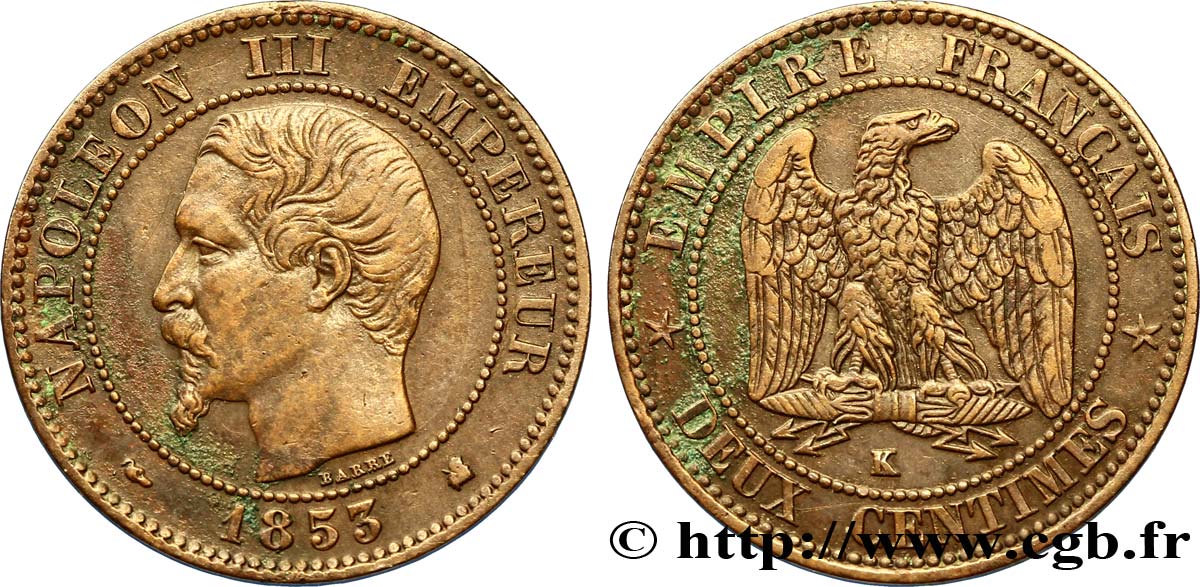 Deux centimes Napoléon III, tête nue 1853 Bordeaux F.107/6 XF48 