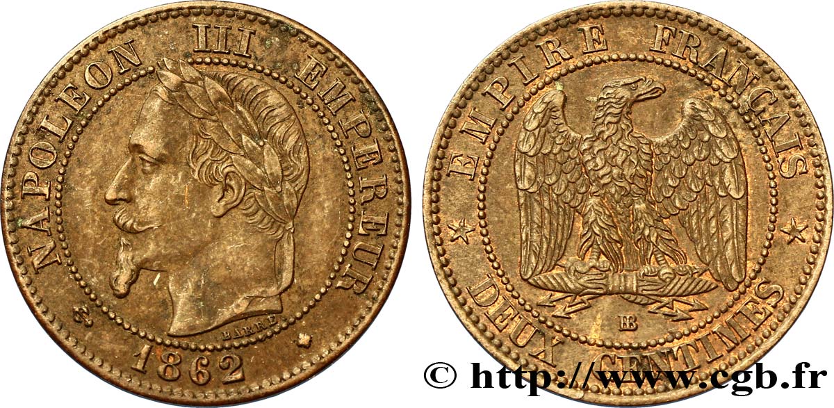 Deux centimes Napoléon III, tête laurée 1862 Strasbourg F.108A/5 TTB48 