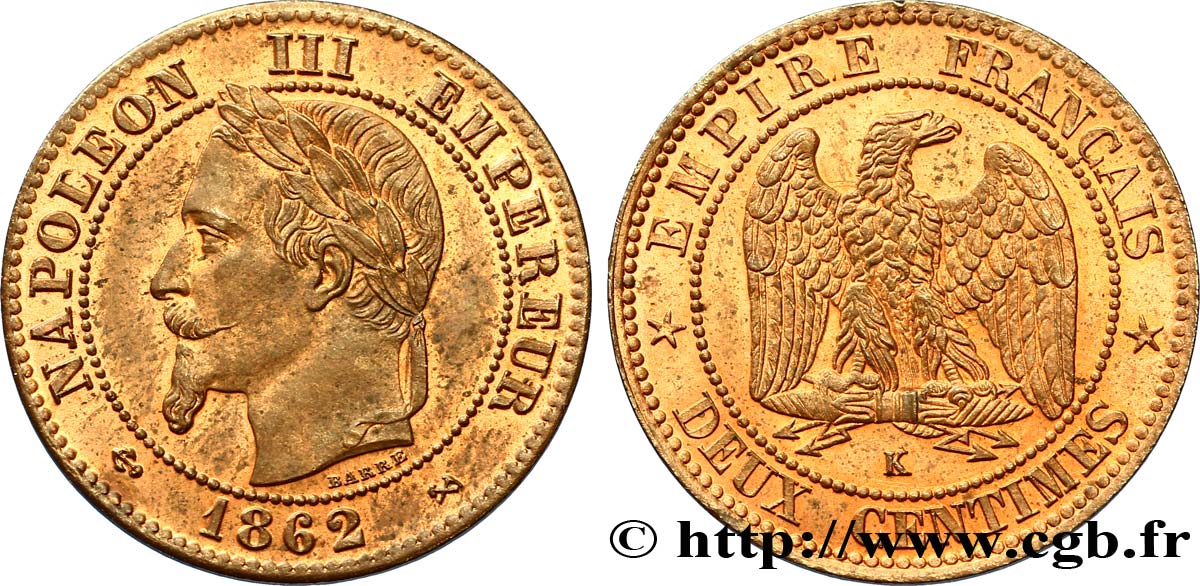 Deux centimes Napoléon III, tête laurée 1862 Bordeaux F.108A/7 VZ60 