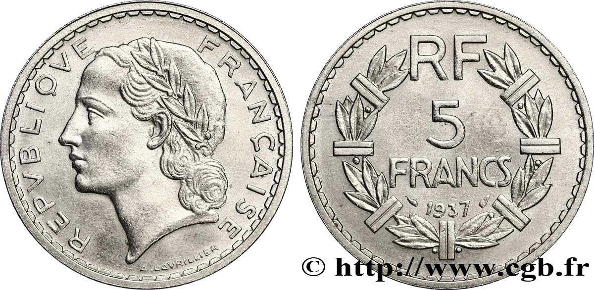 5 francs Lavrillier, nickel 1937  F.336/6 SS50 