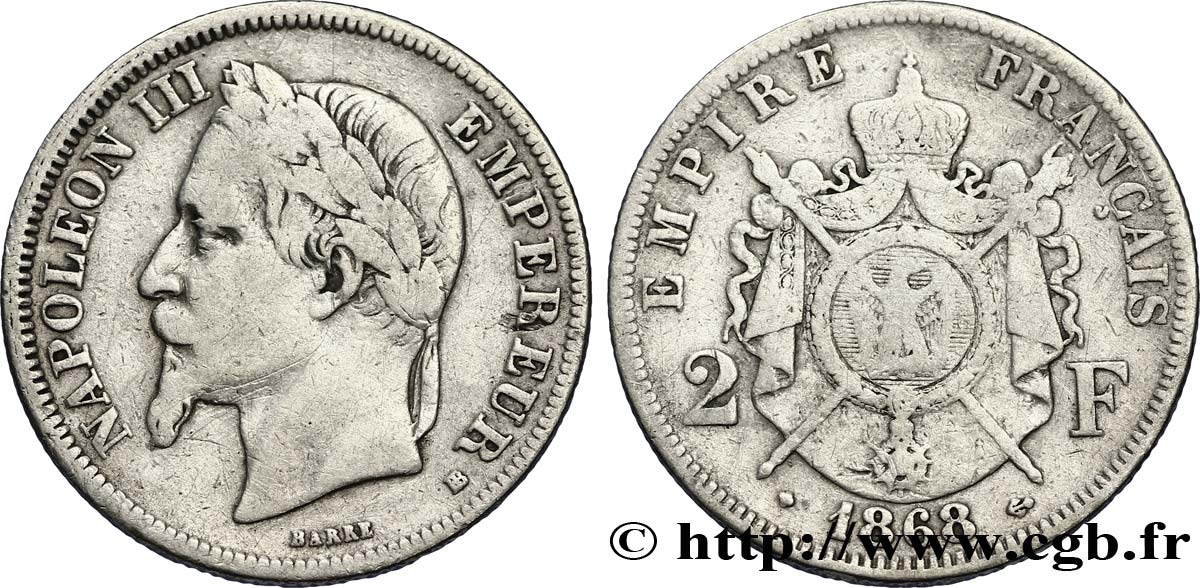 2 francs Napoléon III, tête laurée 1868 Strasbourg F.263/9 TB20 