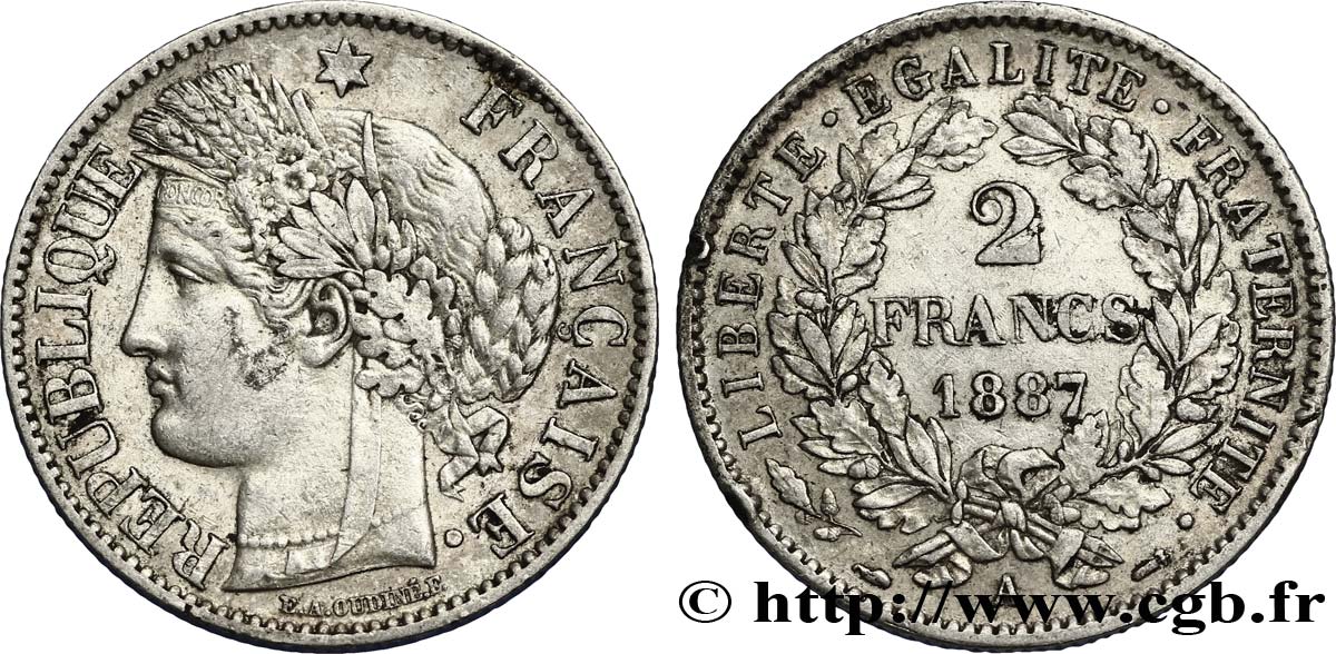 2 francs Cérès, avec légende 1887 Paris F.265/13 AU50 