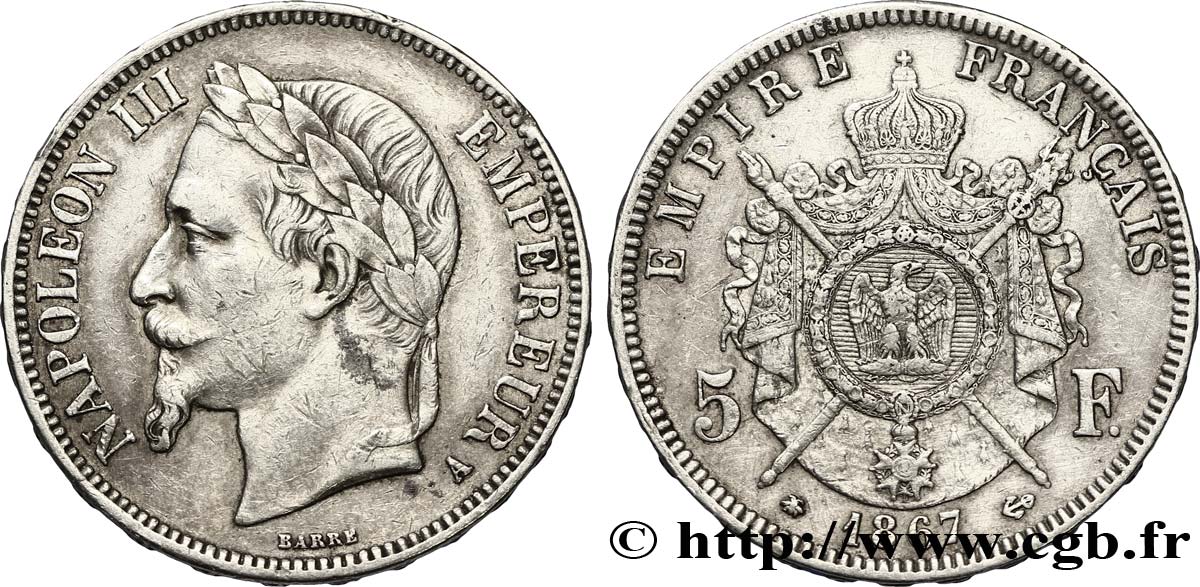 5 francs Napoléon III, tête laurée 1867 Paris F.331/10 TTB50 