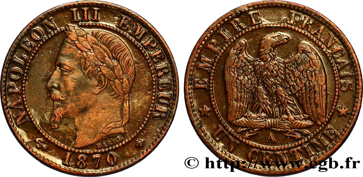 Un centime Napoléon III, tête laurée 1870 Paris F.103/8 MBC45 