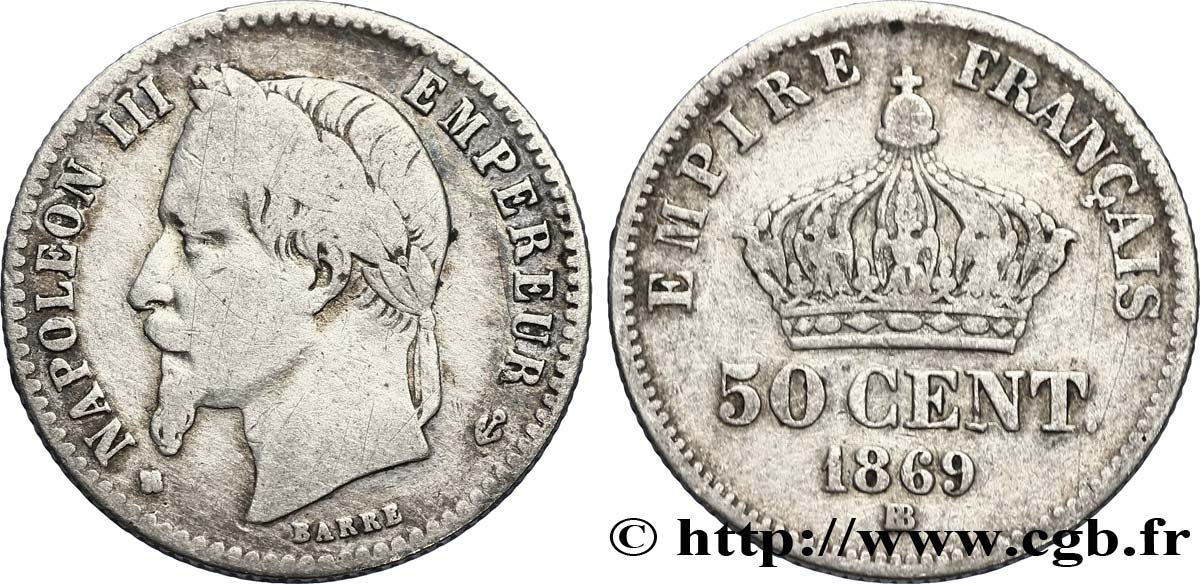 50 centimes Napoléon III, tête laurée 1869 Strasbourg F.188/23 BC15 