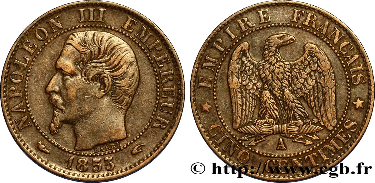 Cinq centimes Napoléon III, tête nue 1855 Paris F.116/16 XF45 