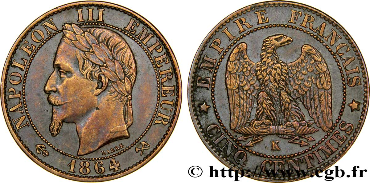 Cinq centimes Napoléon III, tête laurée 1864 Bordeaux F.117/15 TTB52 